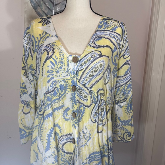 Yellow/blue pastel print Boho bell sleeve blouse - Picture 1 of 6